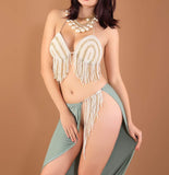 Two-piece dance suit - made of lycra butter - open on one side with strings of pearls - with pearl embroidery on the chest