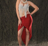 Two-piece belly dance suit - short in the front with ruffles and long in the back - embroidered with pearls on the chest with strings of pearls