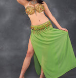 Two piece belly dance suit - embroidered with beads and shiny metal rings