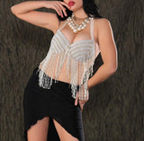 Two-piece belly dance suit - short in the front with ruffles and long in the back - embroidered with pearls on the chest with strings of pearls