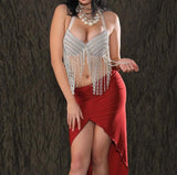 Two-piece belly dance suit - short in the front with ruffles and long in the back - embroidered with pearls on the chest with strings of pearls