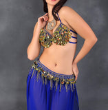 Two piece belly dance suit - embroidered with beads and shiny metal rings