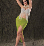 Two-piece belly dance suit - short in the front with ruffles and long in the back - embroidered with pearls on the chest with strings of pearls