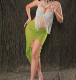 Two-piece belly dance suit - short in the front with ruffles and long in the back - embroidered with pearls on the chest with strings of pearls