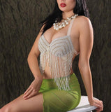 Two-piece belly dance suit - short in the front with ruffles and long in the back - embroidered with pearls on the chest with strings of pearls