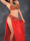 Two piece belly dance suit - embroidered with beads and shiny metal rings