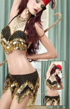 Belly dance suit made of chiffon and shiny metal rings -and embroidered with beads