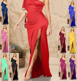 Long satin dress - with one sleeve - with a hole on one side - with a bright ribbon at the chest and sleeve