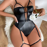 Leather jumpsuit - with ropes on the chest with small metal rings - with a belt in the middle
