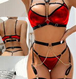 Two-piece leather lingerie - with belts on the waist and chest - with metal chains