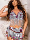 Leather belly dance suit with shiny rings - with shiny leather threads
